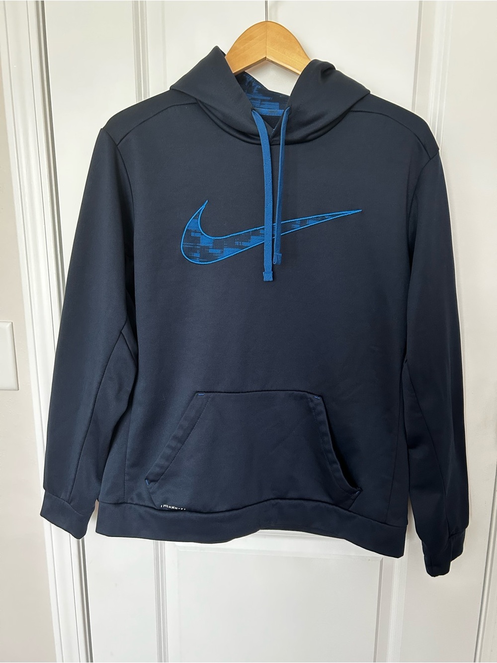 Nike Men's Dark Navy Crewneck Hoodie with Blue Swoosh